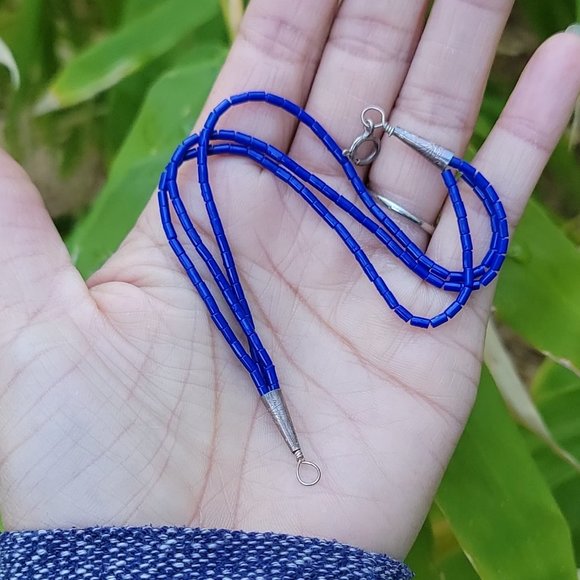 Native American handmade hand strung stabilized lapis lazuli three strand sterli - Picture 5 of 16